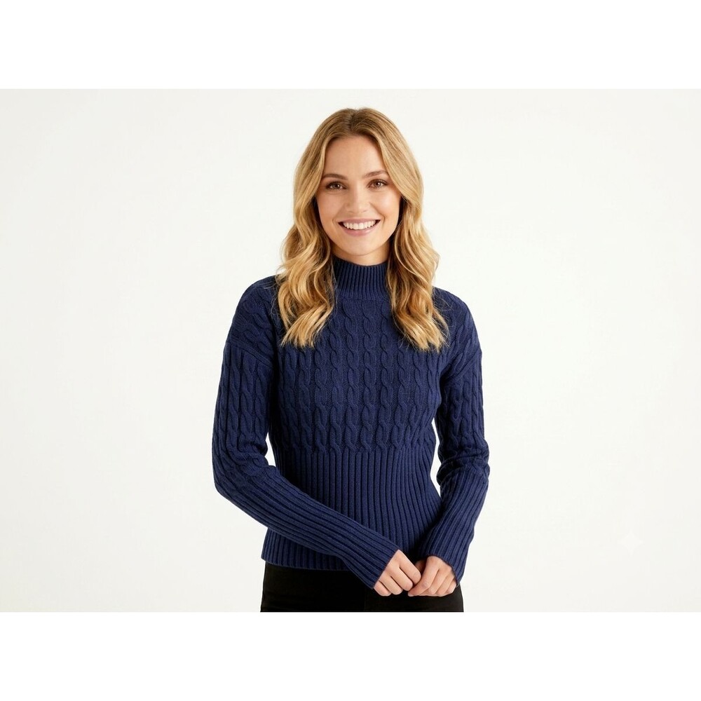 JASON WU Navy Blue Cable Knit Mock Neck Sweater Size Small EUC Soft Viscose Knit